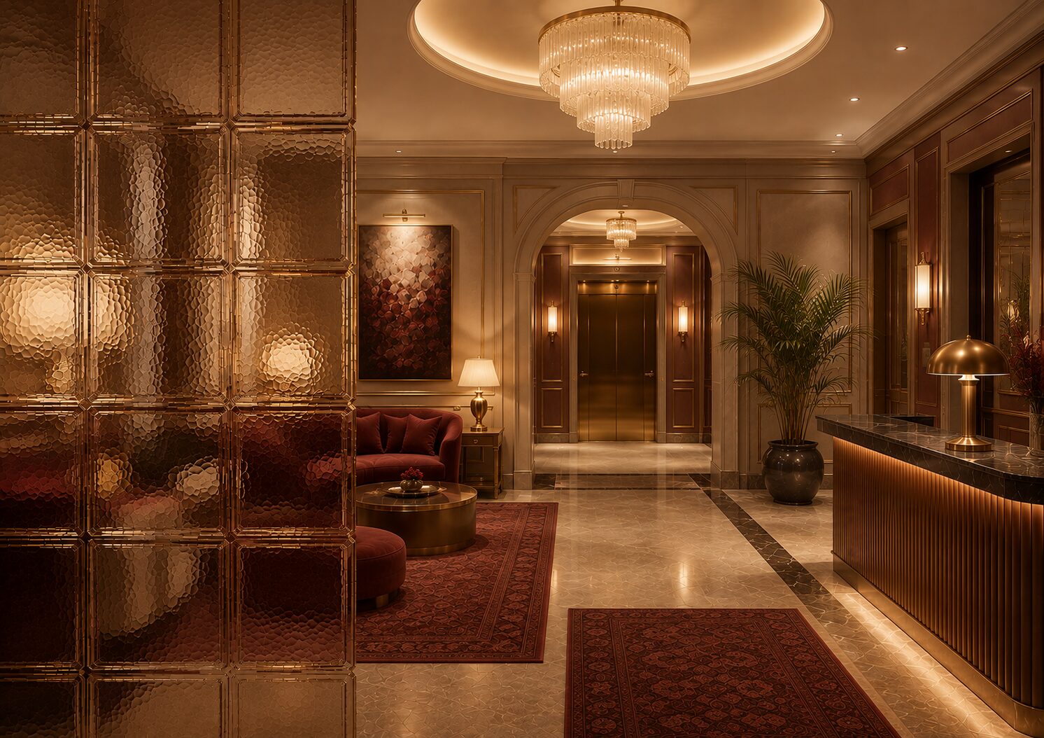 LunaVera lobby with warm materials, bronze details, and soft lighting