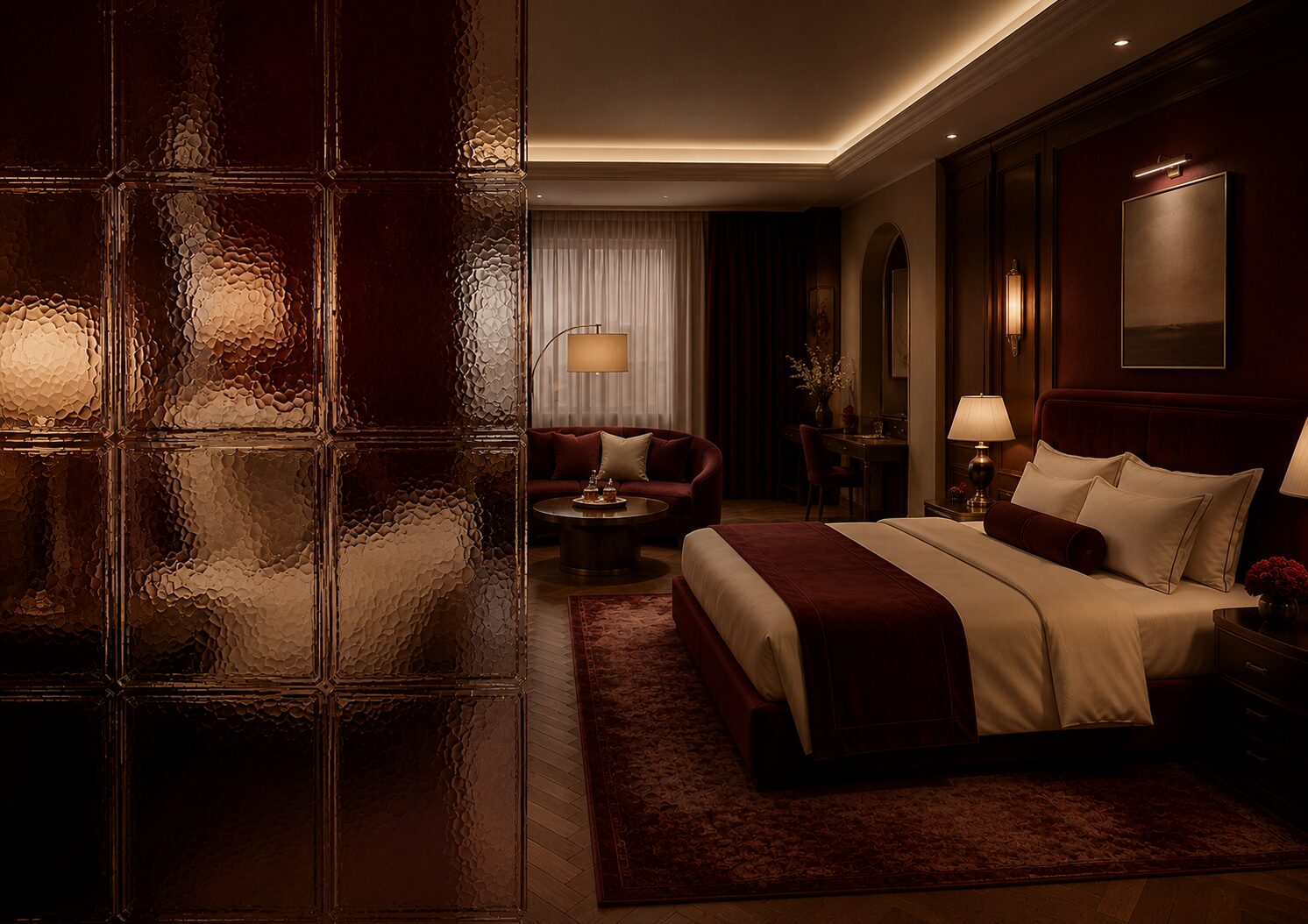 LunaVera Signature Suite with a lounge, dining area, and warm townhouse-inspired interior